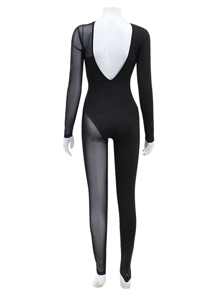 Women Sexy Sheer Mesh Bodycon Bodysuit Geometry Print See Through  Turtleneck Long Sleeve Leotard Jumpsuit Body Tops