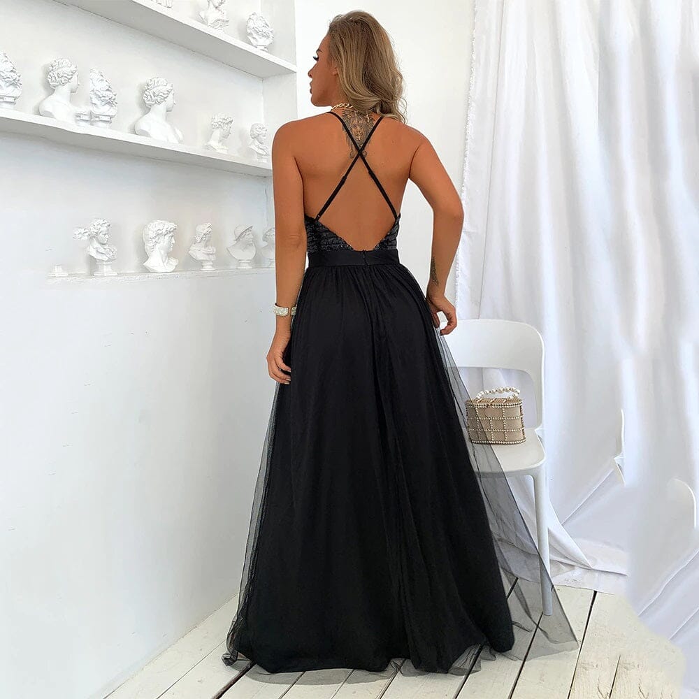 Women Sexy Sleeveless Sequin Spaghetti Strap Backless Split Cocktail Long Maxi Dress jehouze 