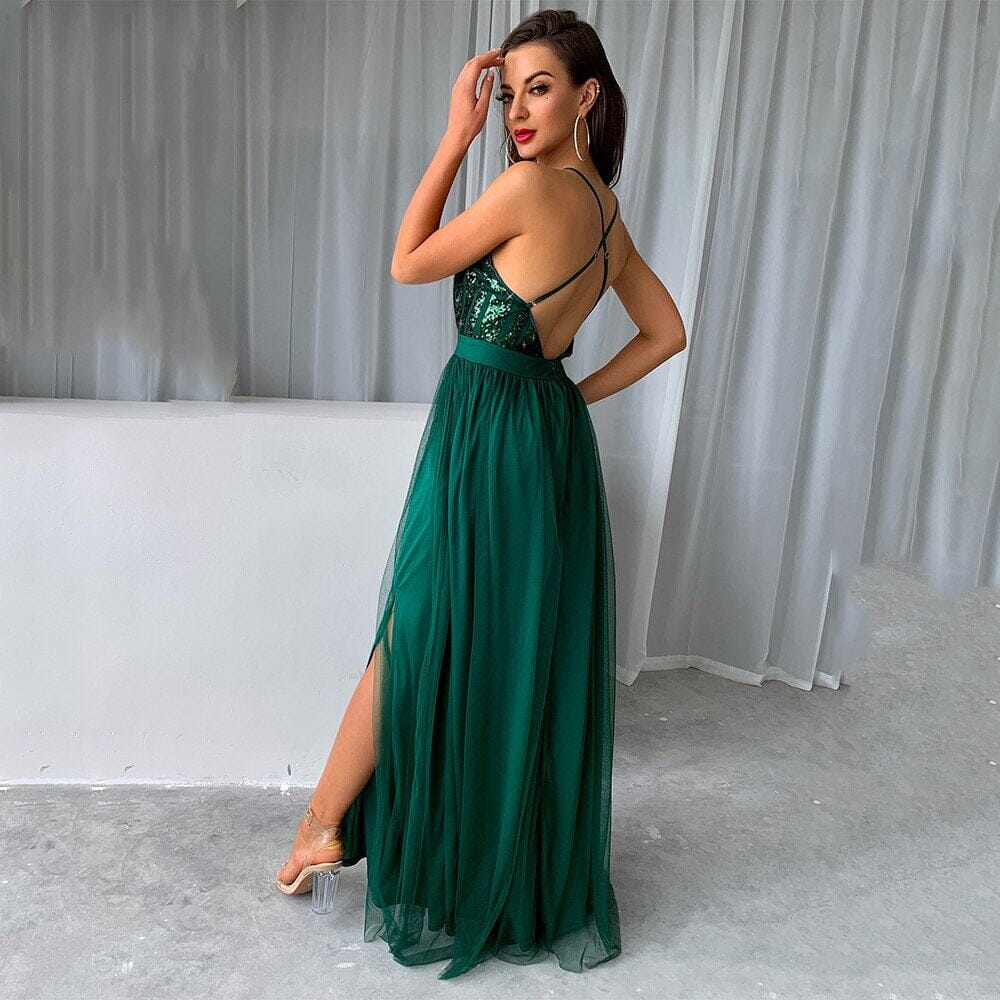 Women Sexy Sleeveless Sequin Spaghetti Strap Backless Split Cocktail Long Maxi Dress jehouze 