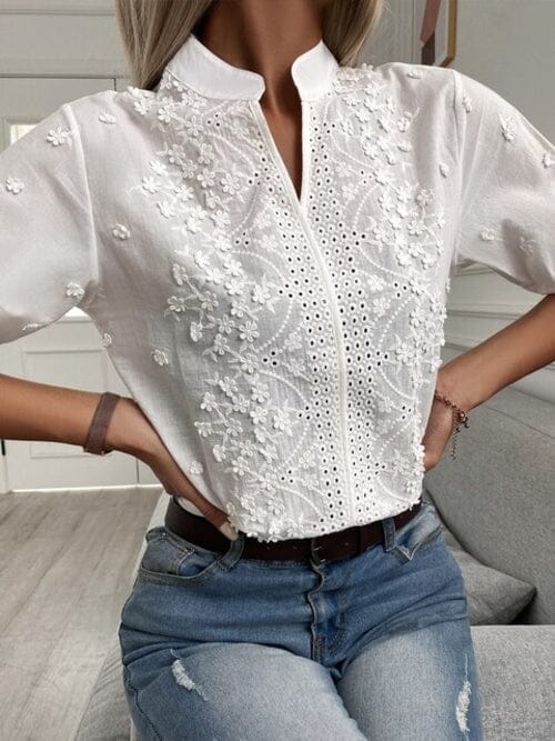 Women Short Puff Sleeve Eyelet Vintage Crochet V Neck Shirts Top Shirts & Tops jehouze white M 