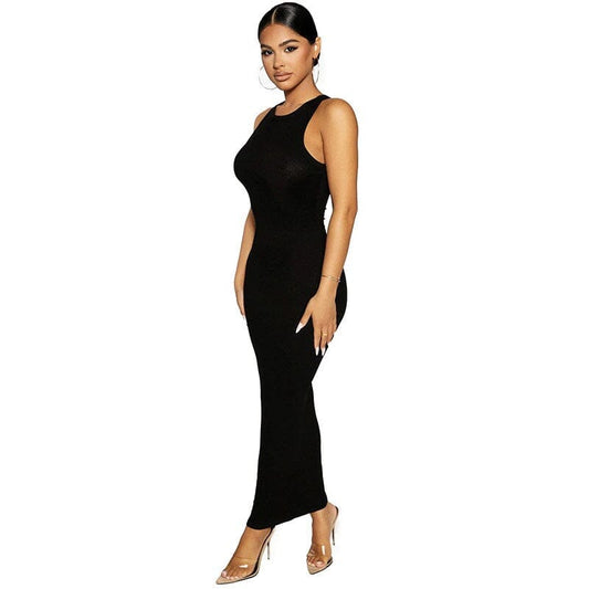 Women Sleeveless Round Neck Basic Bodycon Ribbed Knitted Pencil Maxi Long Dress jehouze 