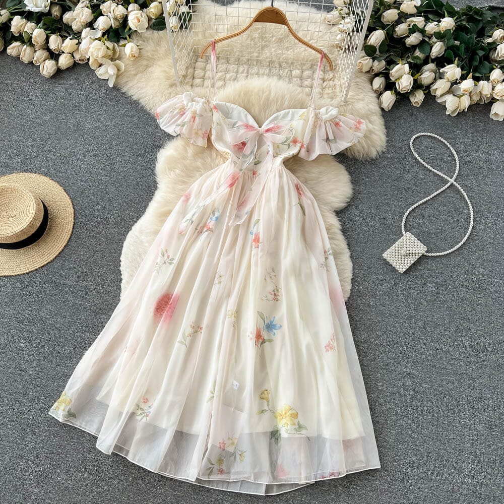 Women Spaghetti Strap Ruffle Sleeve Floral A Line Midi Dress Dresses jehouze 