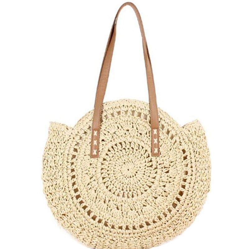 Women Straw Handwoven Round Corn Large Summer Beach Tote Woven Shoulder Rattan Bag Handbags jehouze Style 1 Apricot 