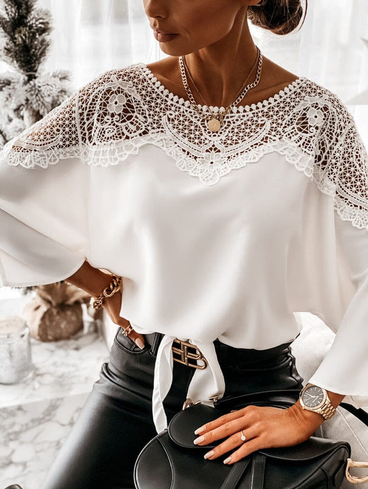 Women Summer 3/4 sleeves Crop Top Tie Front Crochet Embroidery Sexy Lace Stitching Vintage Elegant Blouse_ jehouze White S 