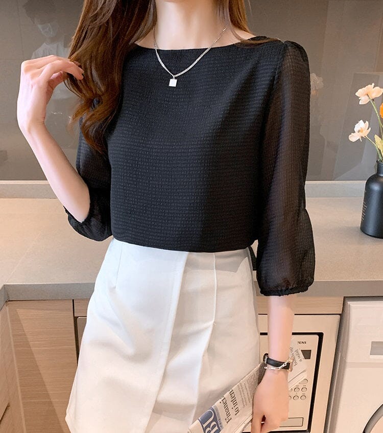 Women Summer Chiffon Crew Neck 3/4 Sleeve Blouse Casual Loose Work Business Tunic Tops Shirts & Tops jehouze Black S 