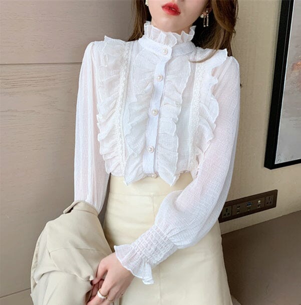  EFJONE Summer Blouses for Women White Ruffle Trim Button Up  Elegant Shirt Long Sleeve Tops : Clothing, Shoes & Jewelry