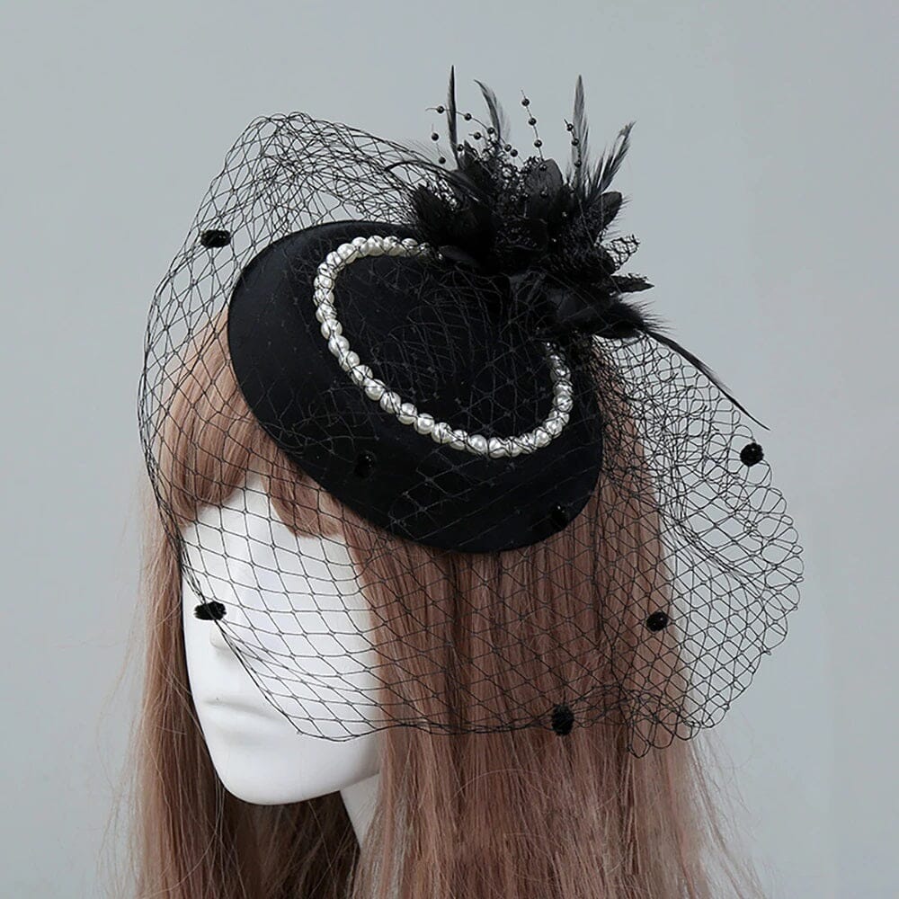 Women Tea Party Fascinator Veil Derby Hat with Pearl_ Hat jehouze Black 