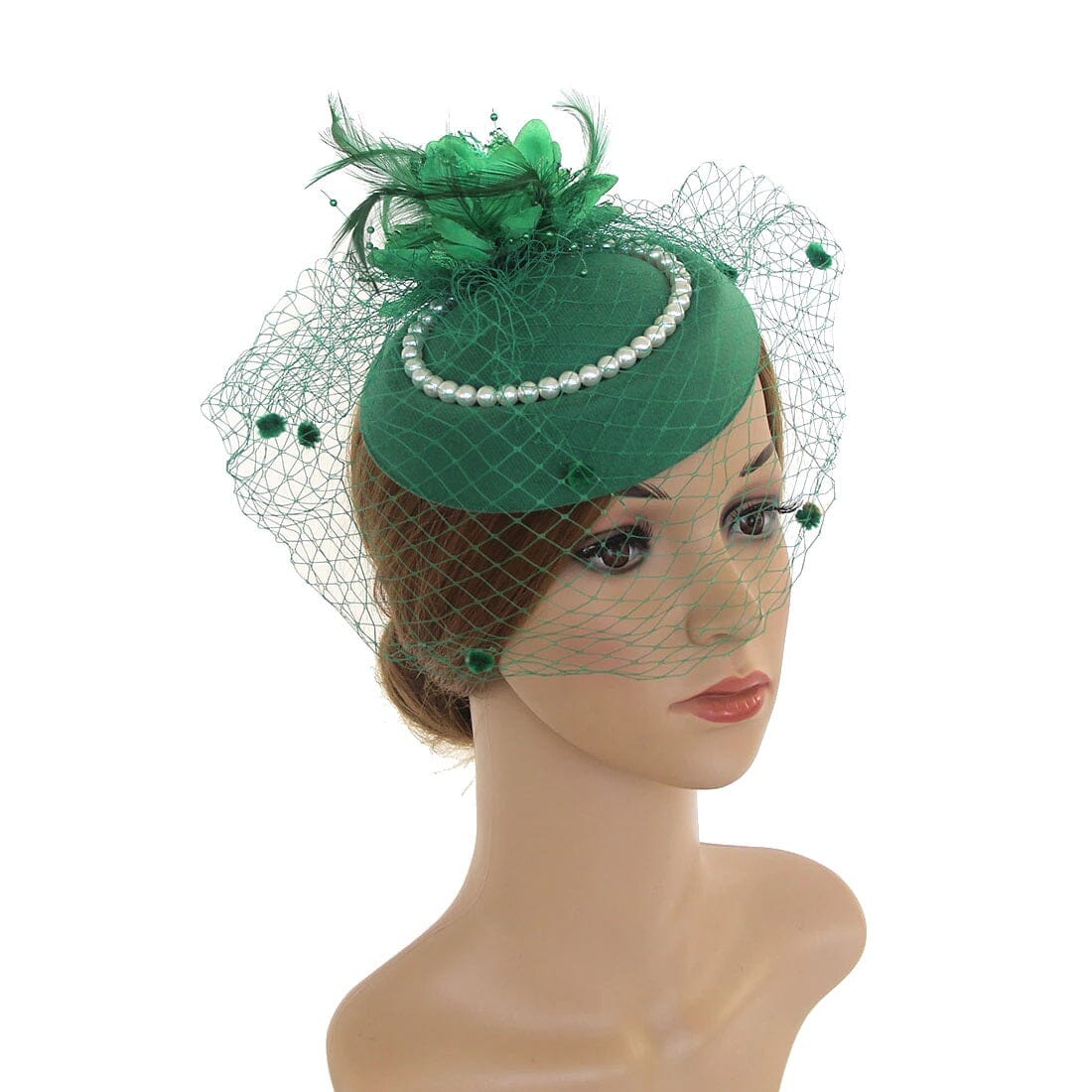 Women Tea Party Fascinator Veil Derby Hat with Pearl_ Hat jehouze Green 