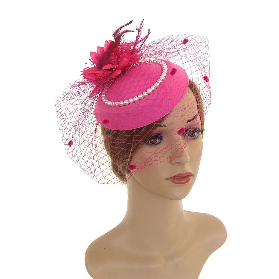 Women Tea Party Fascinator Veil Derby Hat with Pearl_ Hat jehouze Hot Pink 