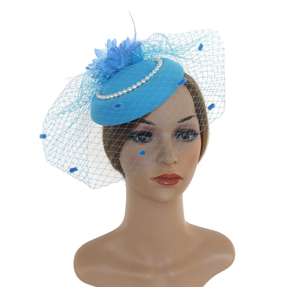 Women Tea Party Fascinator Veil Derby Hat with Pearl_ Hat jehouze Lake blue 