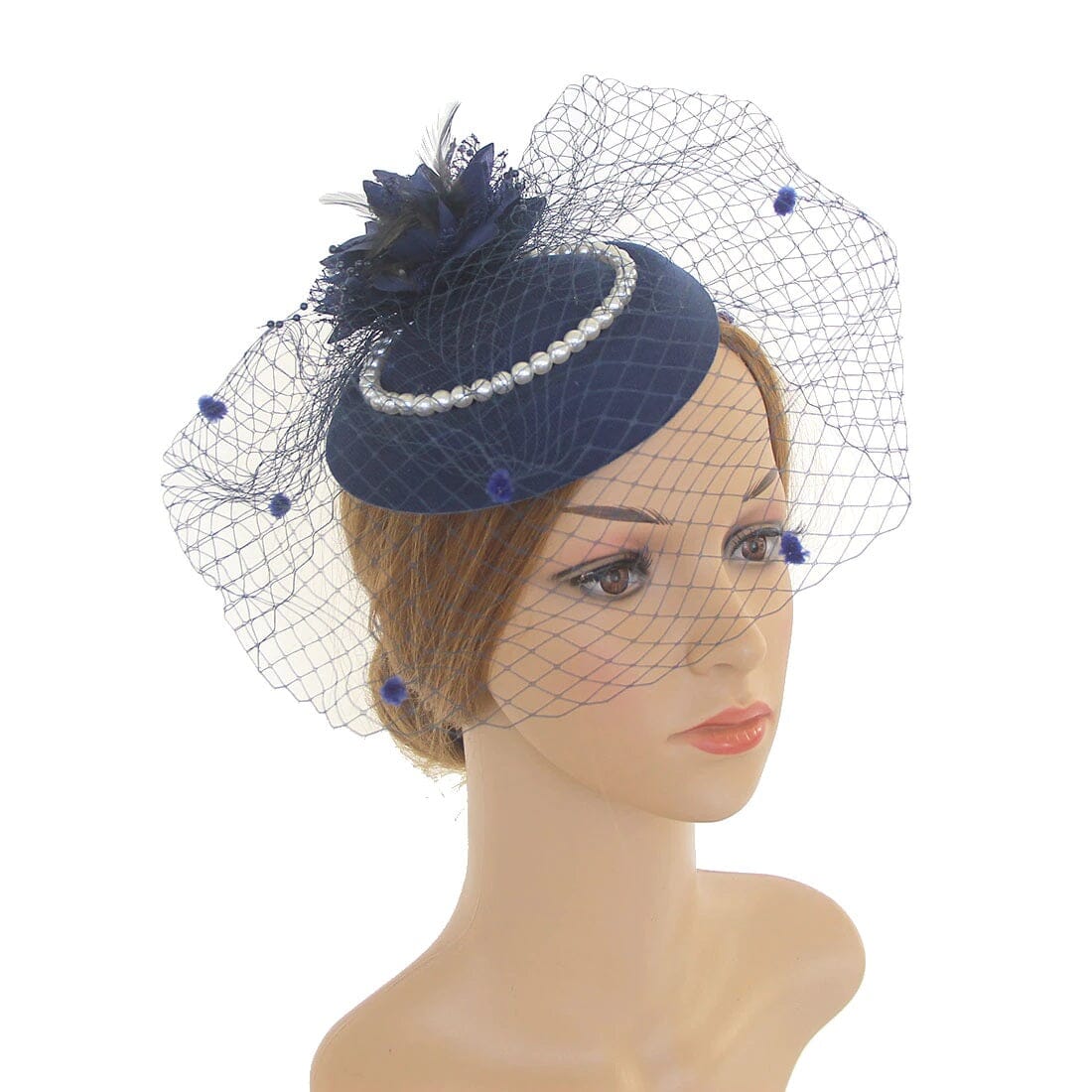 Women Tea Party Fascinator Veil Derby Hat with Pearl_ Hat jehouze Navy Blue 