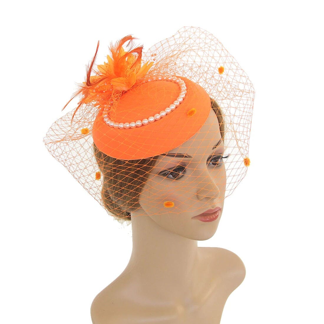 Women Tea Party Fascinator Veil Derby Hat with Pearl_ Hat jehouze Orange 