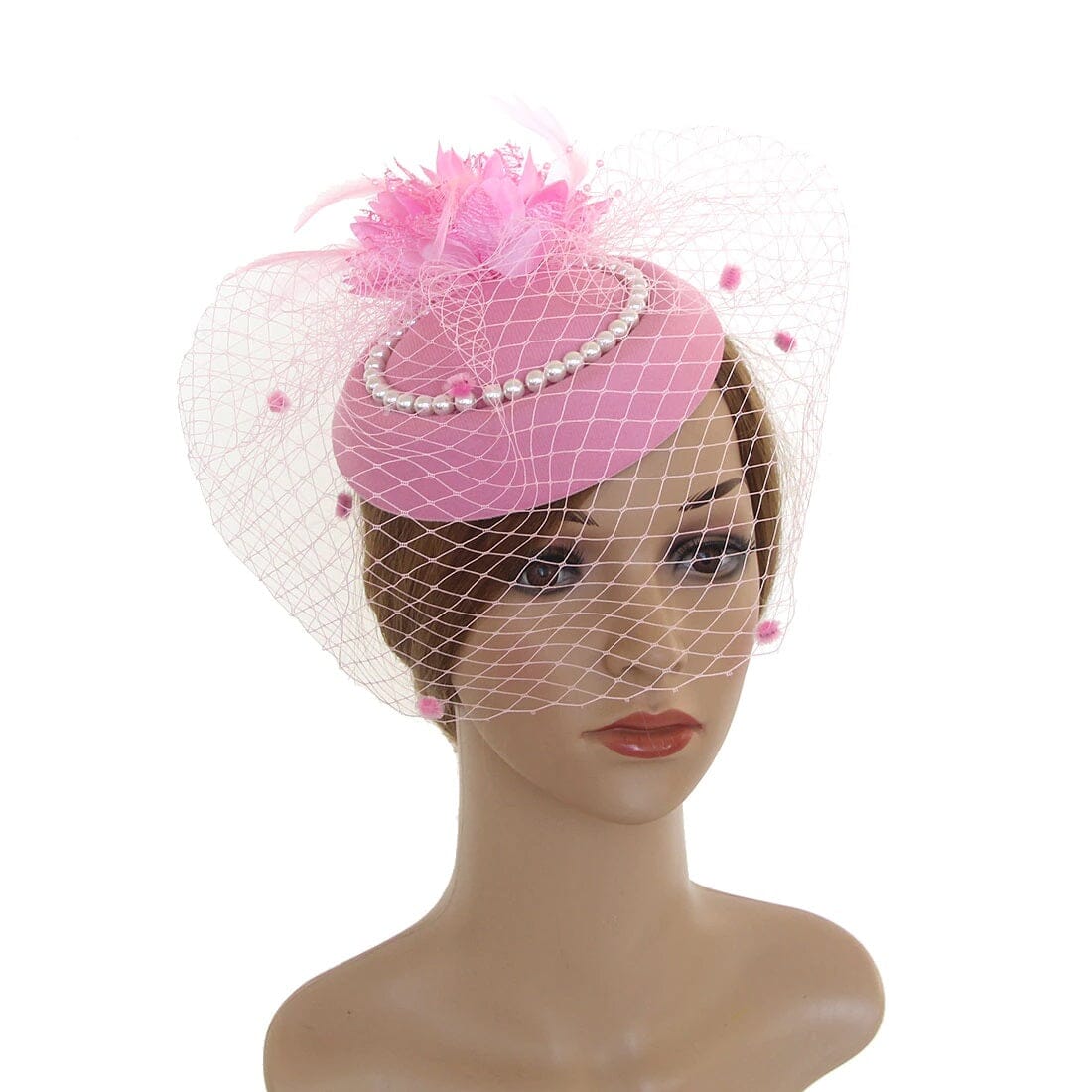 Women Tea Party Fascinator Veil Derby Hat with Pearl_ Hat jehouze Pink 