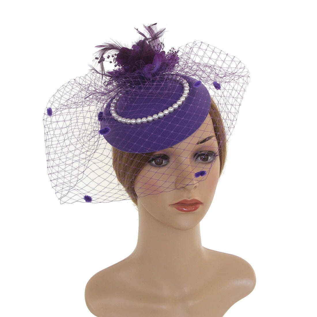 Women Tea Party Fascinator Veil Derby Hat with Pearl_ Hat jehouze Purple 