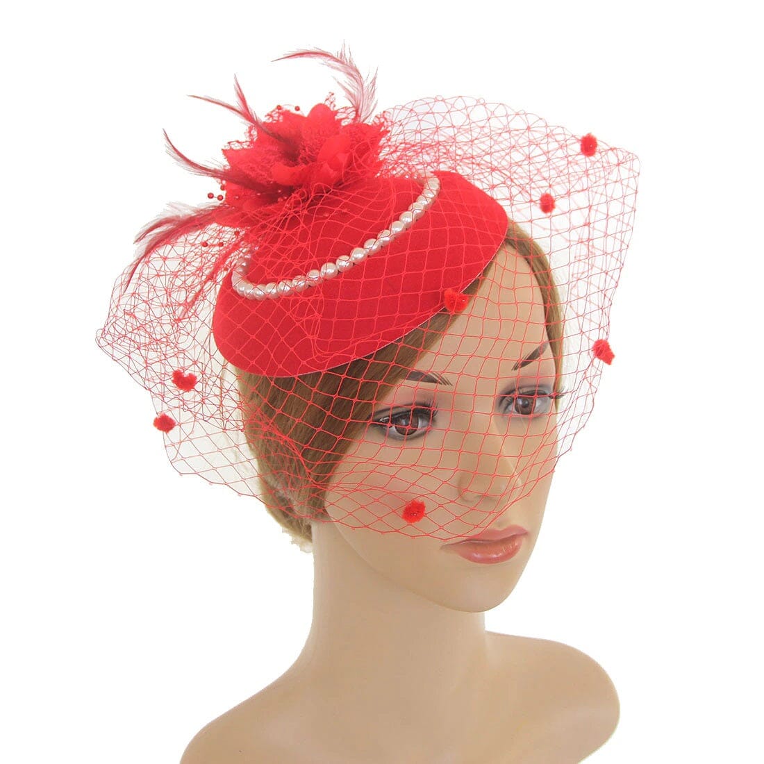 Women Tea Party Fascinator Veil Derby Hat with Pearl_ Hat jehouze Red 