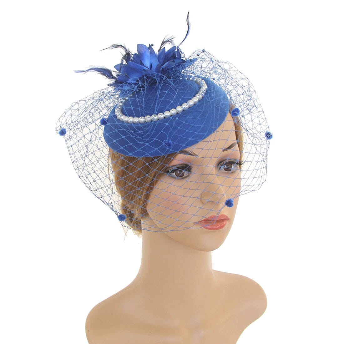 Women Tea Party Fascinator Veil Derby Hat with Pearl_ Hat jehouze Royal Blue 