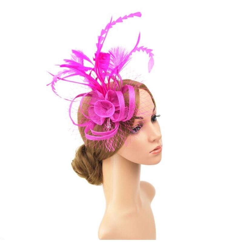 Women Tea Party Fascinators Hat Feathers Flower Birdcage Veil Wedding Cocktail Headband with clip Hat jehouze Hot Pink 