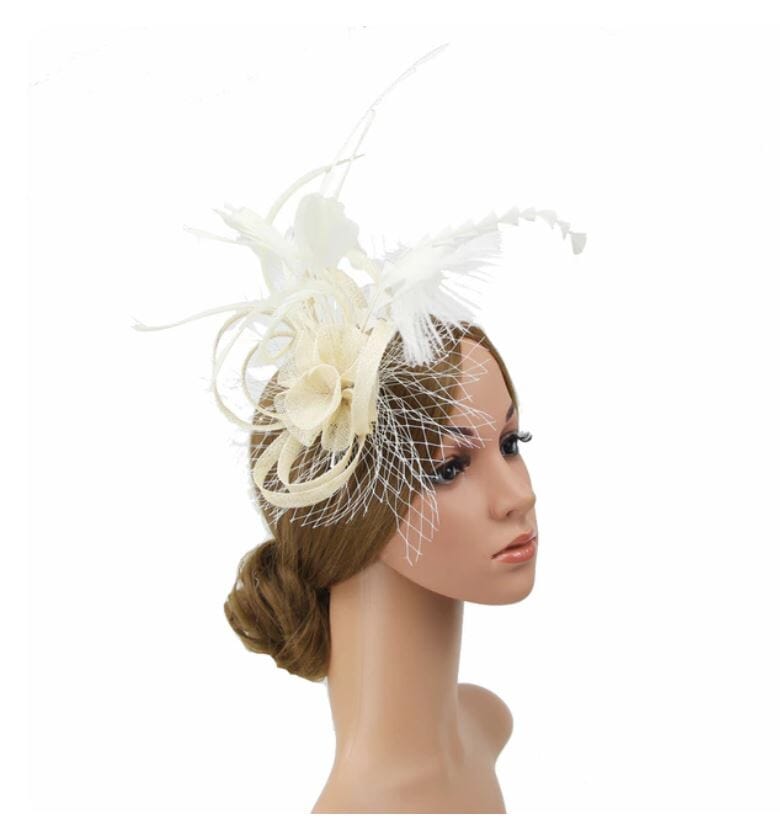 Women Tea Party Fascinators Hat Feathers Flower Birdcage Veil Wedding Cocktail Headband with clip Hat jehouze Ivory 