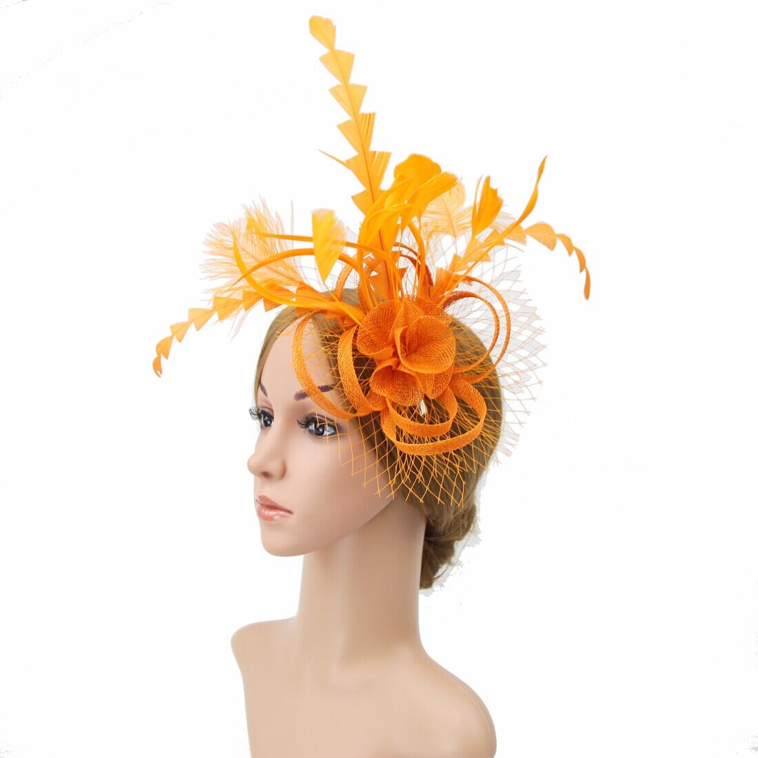Women Tea Party Fascinators Hat Feathers Flower Birdcage Veil Wedding Cocktail Headband with clip Hat jehouze Orange 