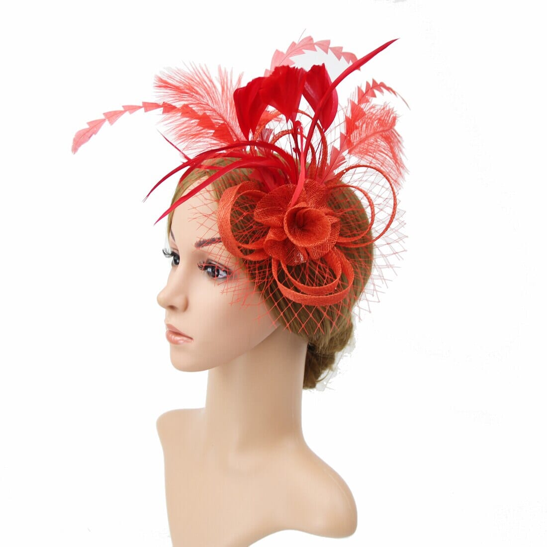 Women Tea Party Fascinators Hat Feathers Flower Birdcage Veil Wedding Cocktail Headband with clip Hat jehouze Red 