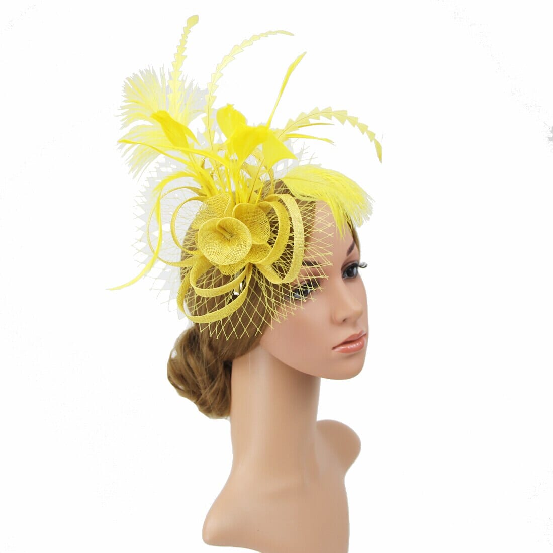 Women Tea Party Fascinators Hat Feathers Flower Birdcage Veil Wedding Cocktail Headband with clip Hat jehouze yellow 