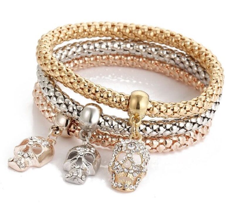 Women Teen Gold Silver Rose Gold Chain Stretch Multilayer Bracelet_ Jewelry jehouze Skull 