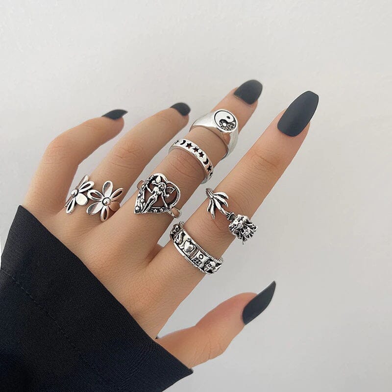 Women Teen Vintage Punk Metal Antique Silver Color Finger Ring Gothic Jewelry_ Jewelry jehouze 106 