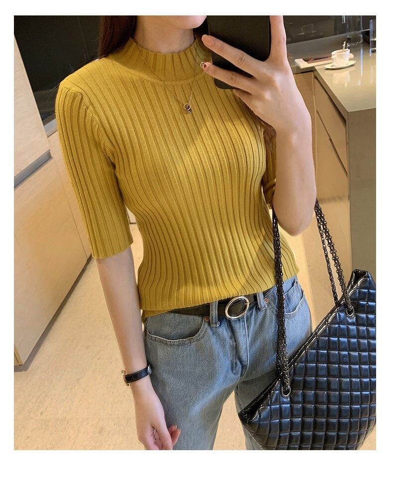 Women Turtleneck Half Sleeve Slim Fit Knitted Pullover Blouse Tops_ Shirts & Tops jehouze 