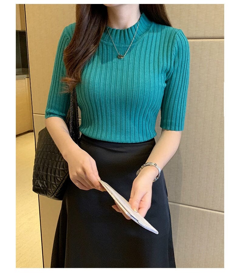 Women Turtleneck Half Sleeve Slim Fit Knitted Pullover Blouse Tops_ Shirts & Tops jehouze Green One Size 