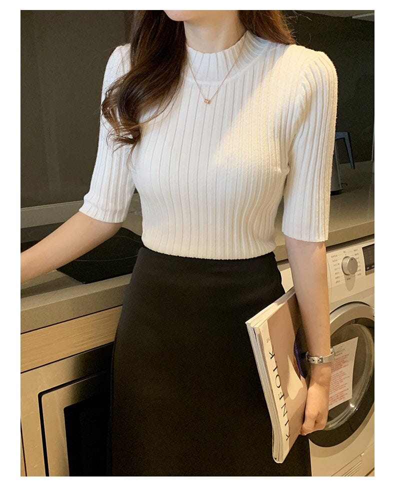 Women Turtleneck Half Sleeve Slim Fit Knitted Pullover Blouse Tops_ Shirts & Tops jehouze White One Size 