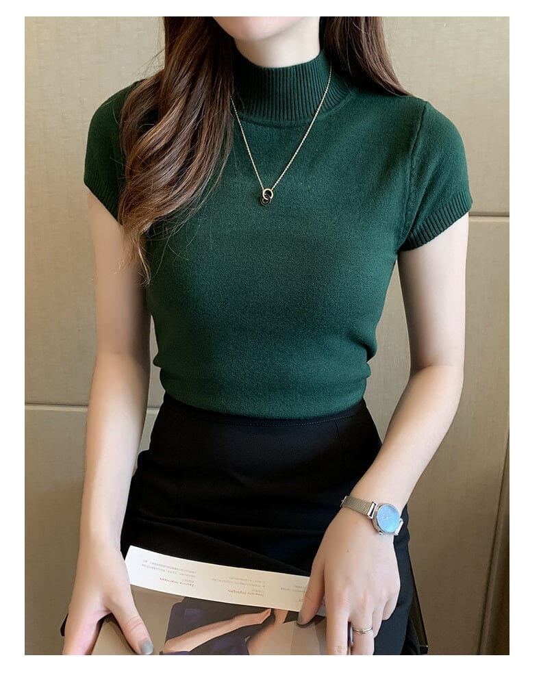 Women Turtleneck Short Sleeve Knitted Blouse Shirt Tops_ Shirts & Tops jehouze 