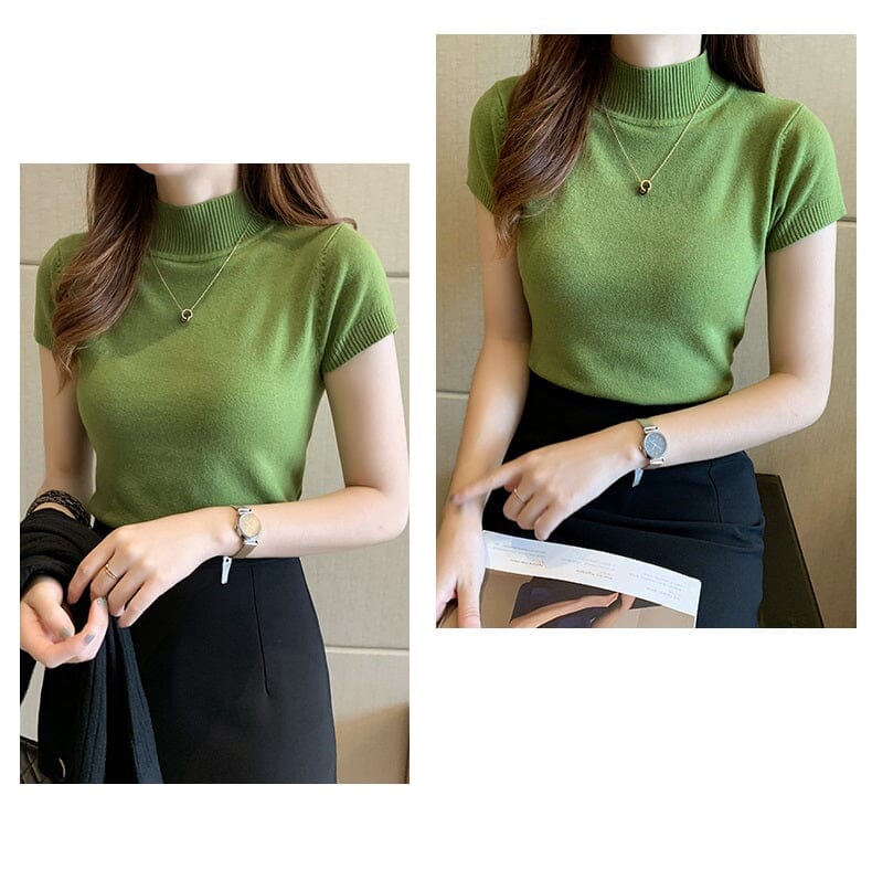 Women Turtleneck Short Sleeve Knitted Blouse Shirt Tops_ Shirts & Tops jehouze 