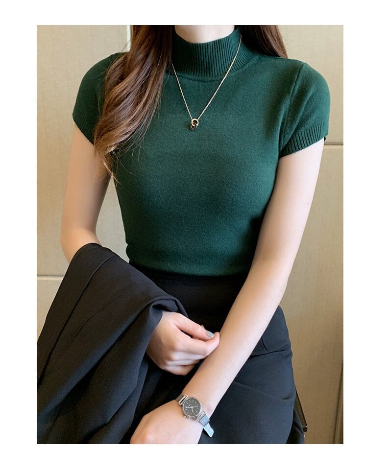 Women Turtleneck Short Sleeve Knitted Blouse Shirt Tops_ Shirts & Tops jehouze 