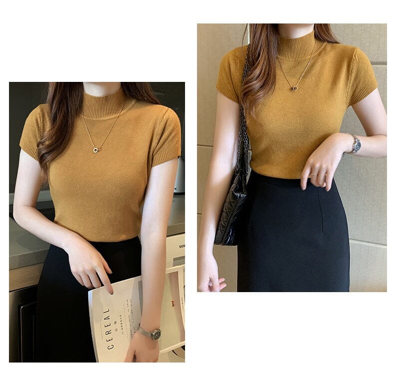 Women Turtleneck Short Sleeve Knitted Blouse Shirt Tops_ Shirts & Tops jehouze 