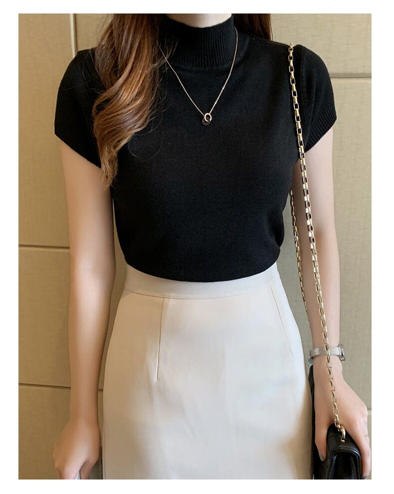 Women Turtleneck Short Sleeve Knitted Blouse Shirt Tops_ Shirts & Tops jehouze Black One Size 
