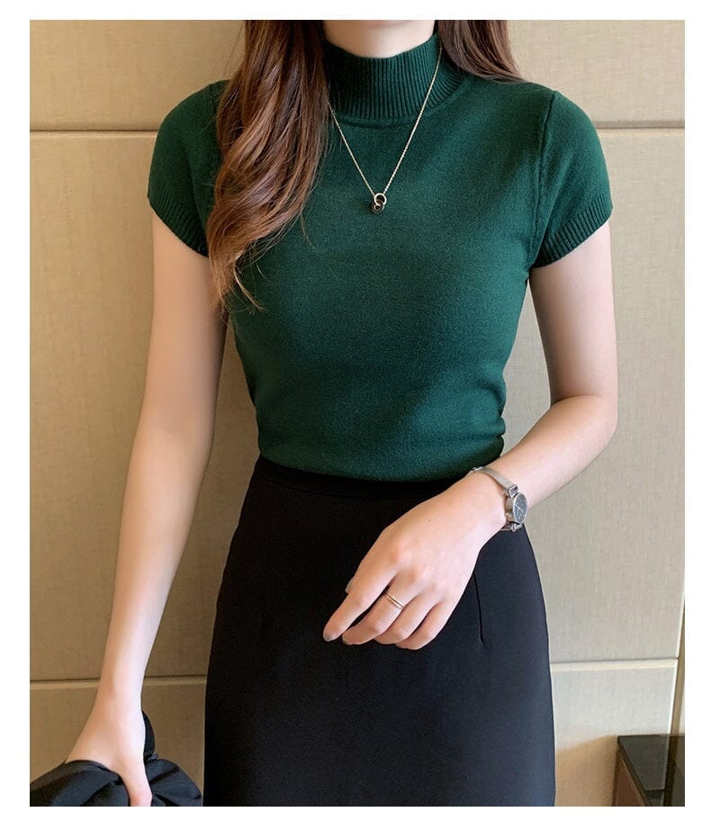 Women Turtleneck Short Sleeve Knitted Blouse Shirt Tops_ Shirts & Tops jehouze Dark Green One Size 