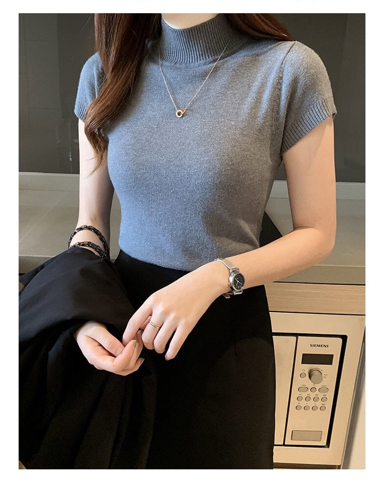Women Turtleneck Short Sleeve Knitted Blouse Shirt Tops_ Shirts & Tops jehouze Grey One Size 