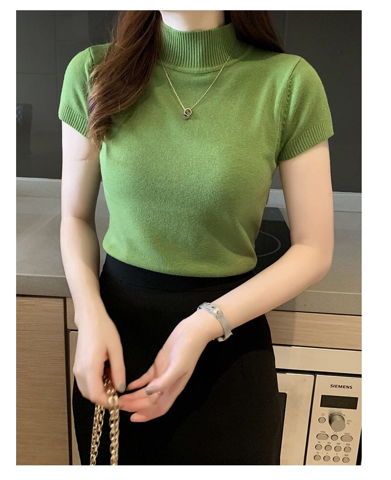 Women Turtleneck Short Sleeve Knitted Blouse Shirt Tops_ Shirts & Tops jehouze Light Green One Size 