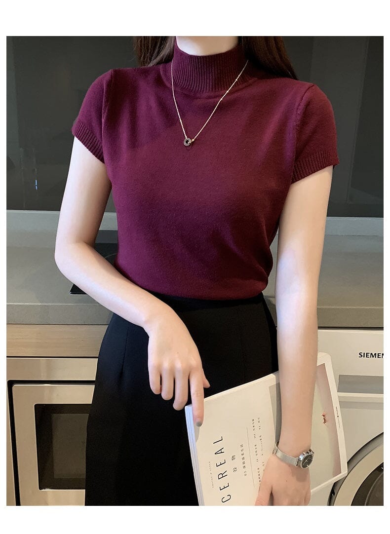 Women Turtleneck Short Sleeve Knitted Blouse Shirt Tops_ Shirts & Tops jehouze Maroon One Size 