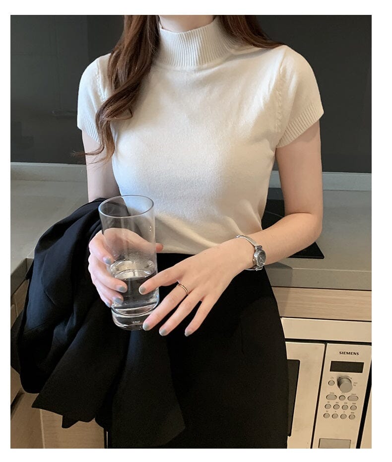 Women Turtleneck Short Sleeve Knitted Blouse Shirt Tops_ Shirts & Tops jehouze White One Size 