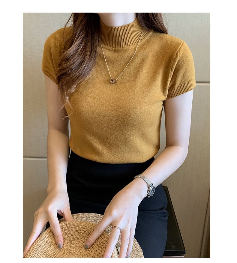 Women Turtleneck Short Sleeve Knitted Blouse Shirt Tops_ Shirts & Tops jehouze Yellow One Size 
