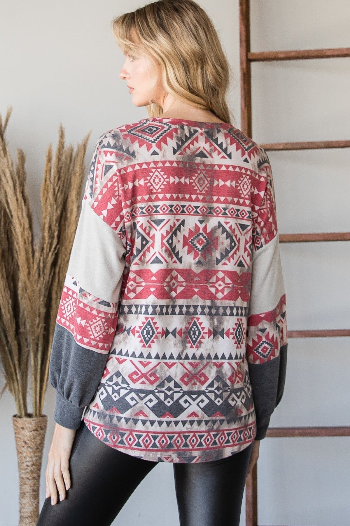 Women V neck Aztec Print Tie Knot Long Sleeve Sweater Tops Blouse Shirts & Tops jehouze 