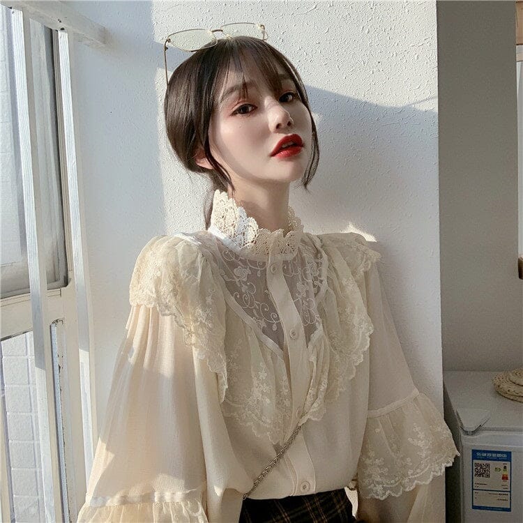 Women Victorian Ruffle Blouse Tops Stand Collar Front Button Long Lant –  JeHouze.US