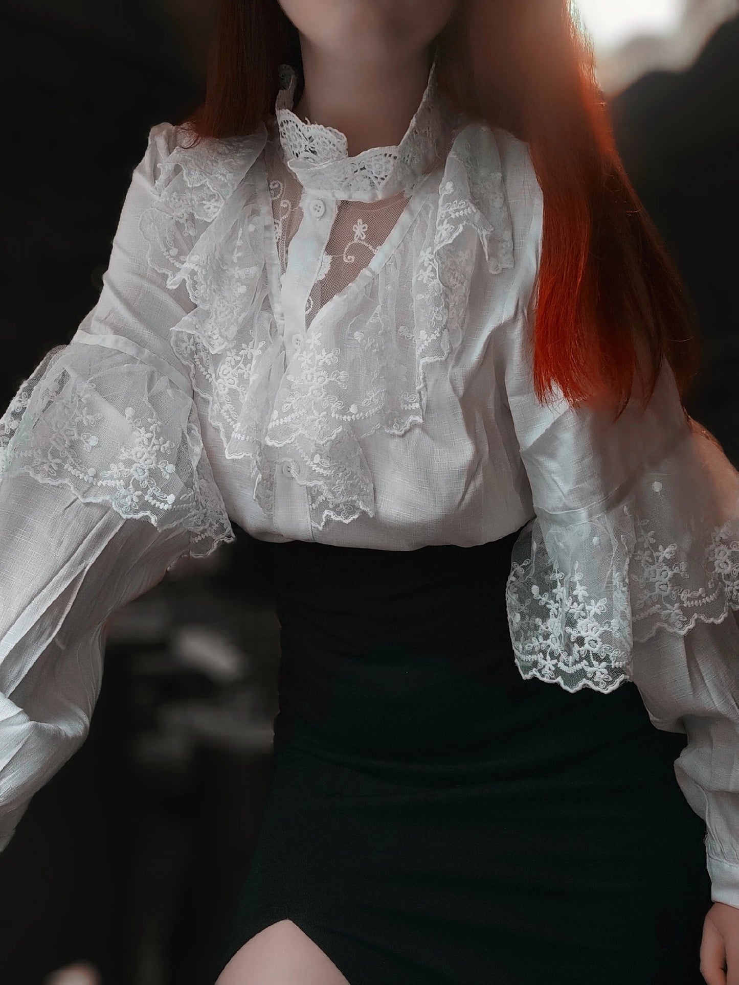 Women Victorian Ruffle Blouse Tops Stand Collar Front Button Long