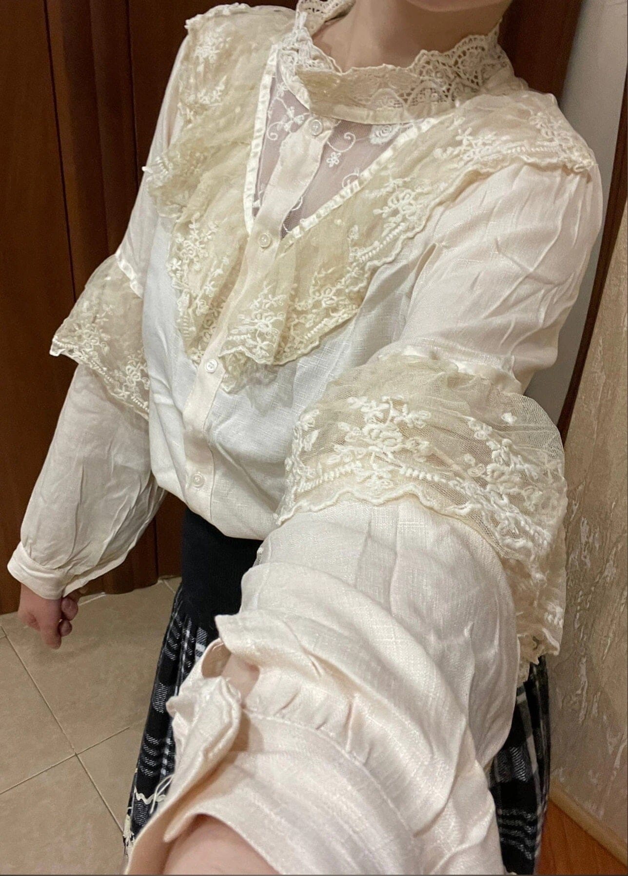 Women Victorian Ruffle Blouse Tops Stand Collar Front Button Long Lantern Sleeve Shirt_ jehouze 