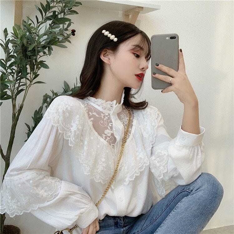 Women Victorian Ruffle Blouse Tops Stand Collar Front Button Long Lant –  JeHouze.US