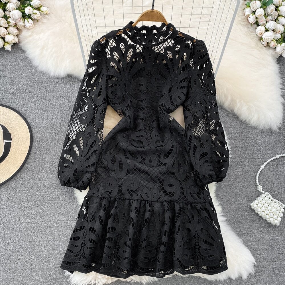 Women Vintage 3/4 puff Sleeve Mock Neck Hollow Out Lace Embroidery Mini Short Dress Dresses jehouze 