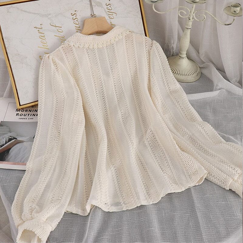 Women Vintage Collared Pearl Button Down Long Sleeve Lace Blouse Tops Shirts & Tops jehouze 