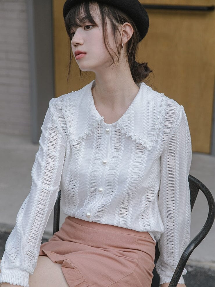 Women Vintage Collared Pearl Button Down Long Sleeve Lace Blouse Tops Shirts & Tops jehouze 