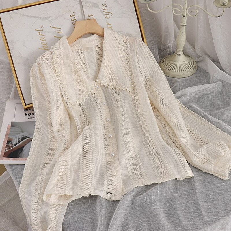 Women Vintage Collared Pearl Button Down Long Sleeve Lace Blouse Tops Shirts & Tops jehouze Apricot S 